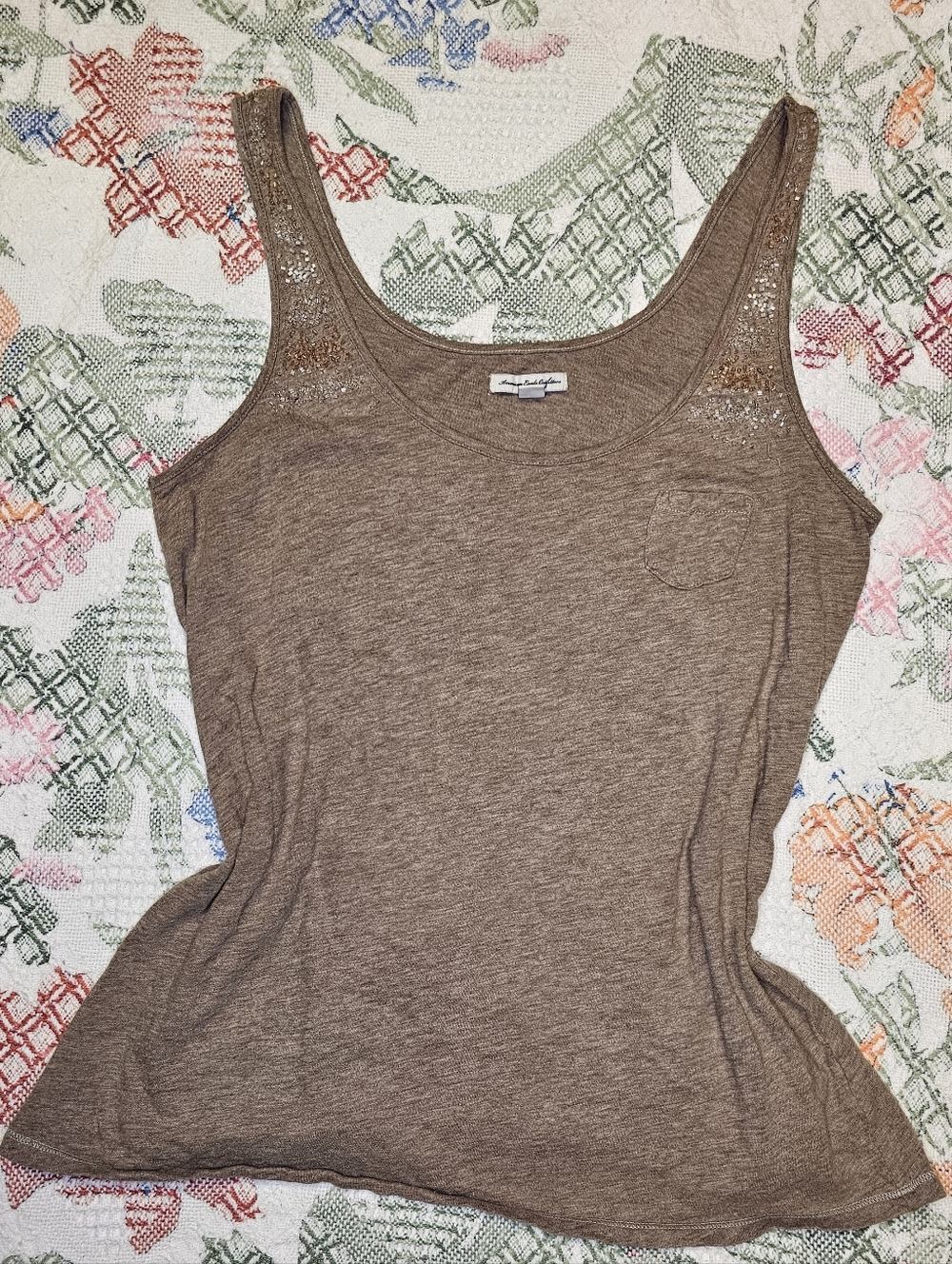 American Eagle Outfitters Brown Tank Top with Sequin Shoulder Detail